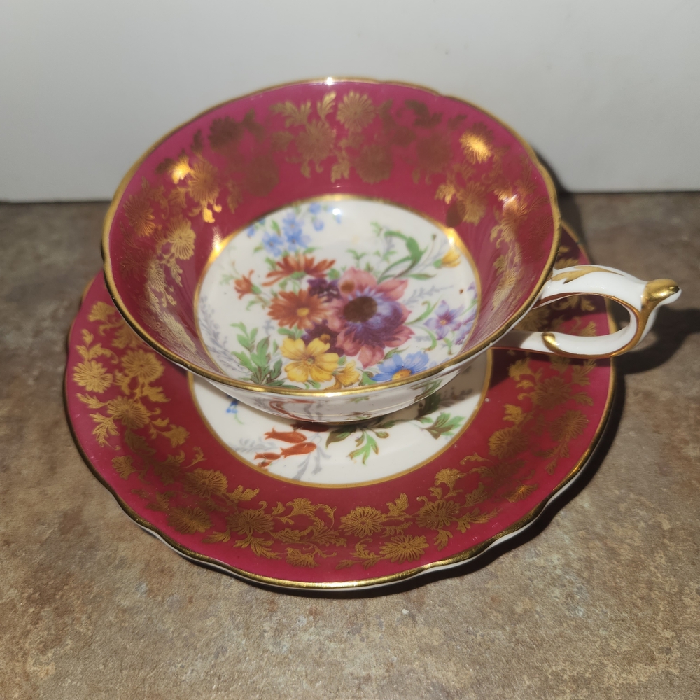 PARAGON Red and Gold Floral Teacup and Saucer